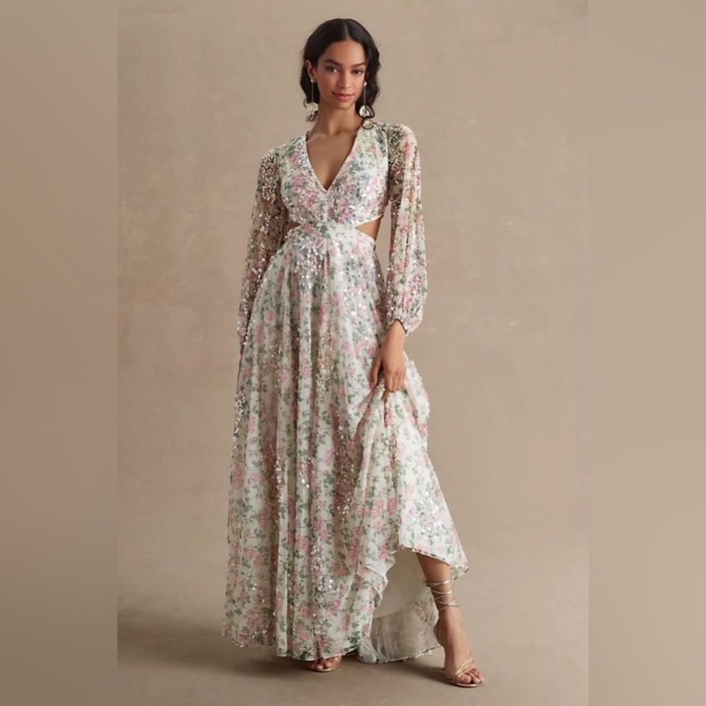 Mac Duggal Sequined Floral Print Cutout Lace-Up Gown Anthropologie - Picture 3 of 14